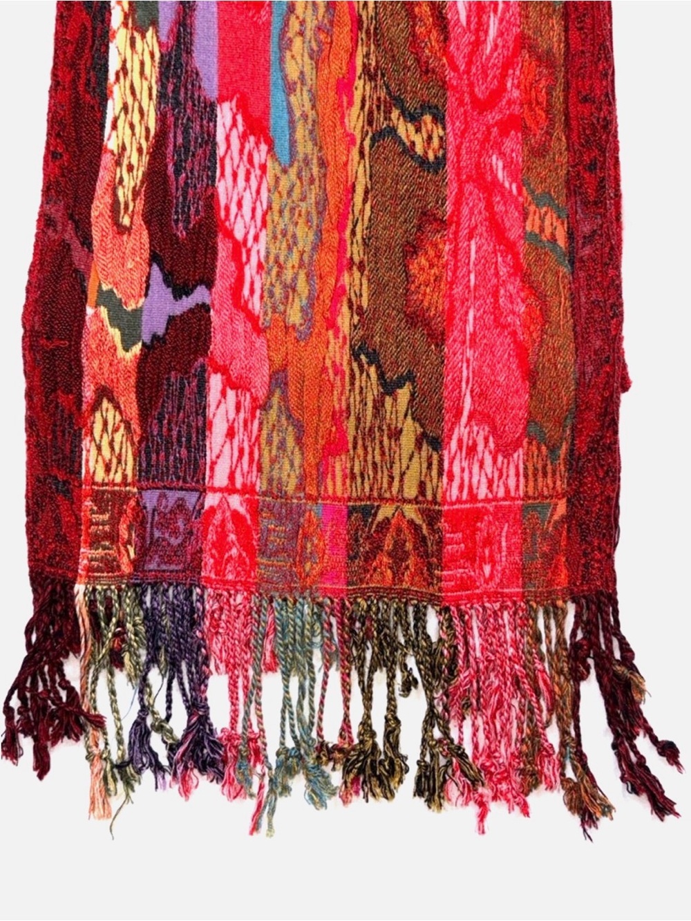 Silk Viscose Fringe Scarf Wrap Shawl Red Multicolor Boho Festival Lightweight - Picture 3 of 8